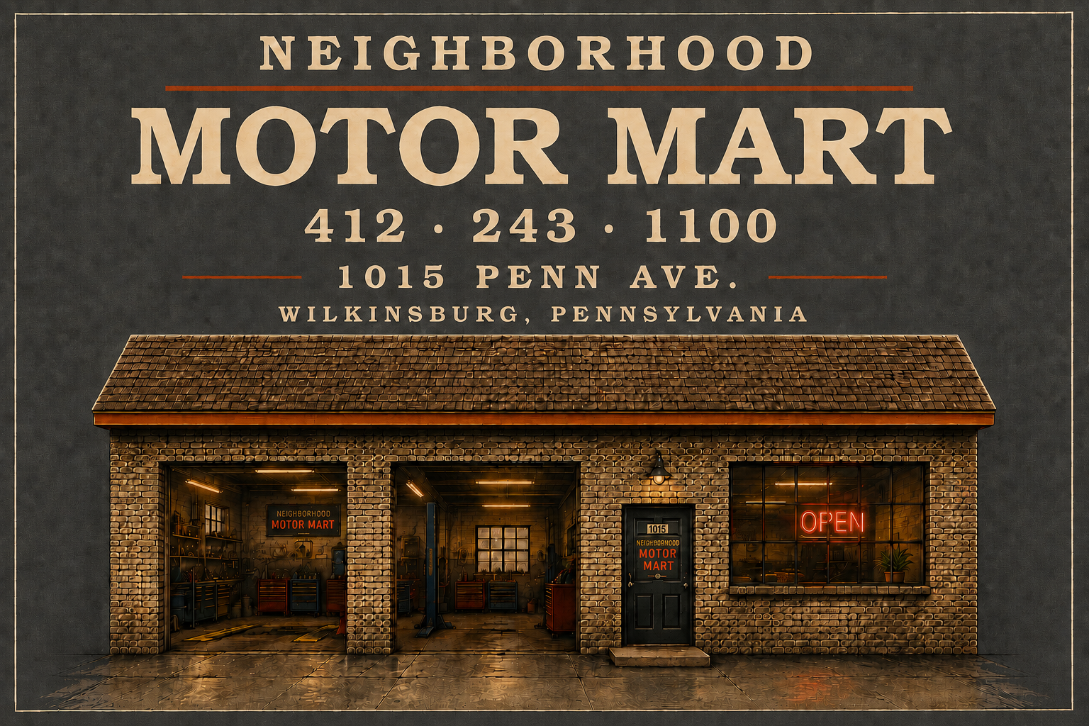 Neighborhood Motor Mart sign with phone number, address, and an illustration of the open repair garage